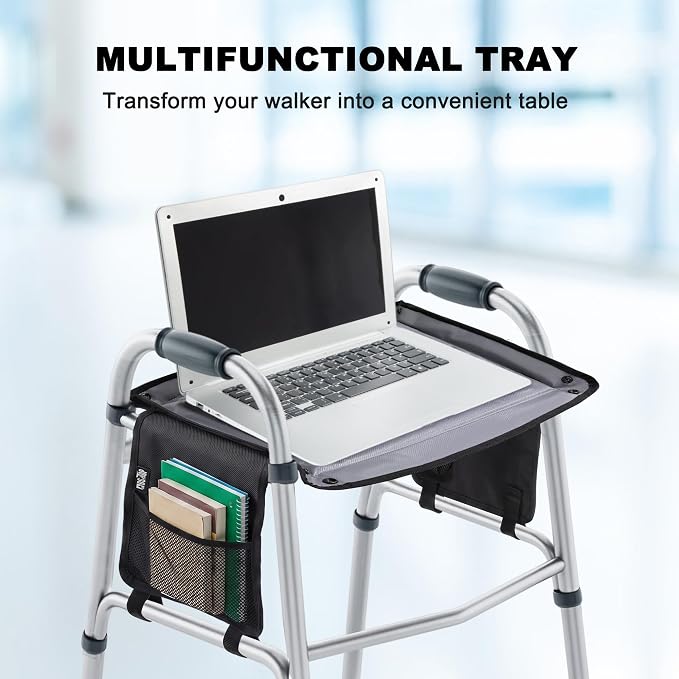 Walker Tray for Folding Walker with Cup Holder, Detachable Tray for Walker, Walker Accessories for Senior with Non-Slip Mat, Universal Fit for Meals, Drinks, Reading,Laptop (Black with Side Pockets)