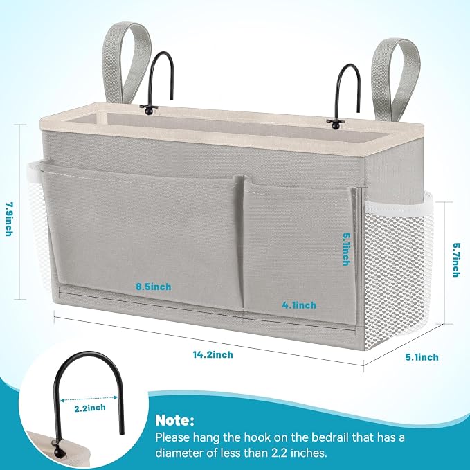 BlissTotes Bedside Caddy, Dorm Storage with Pockets, Bunk Bed Accessories | Hanging Bed Storage Organizer with Hooks, Bedside Shelf Bag, Magazine Holder for Home, College, Hospital (Light Grey, 1 Pack)