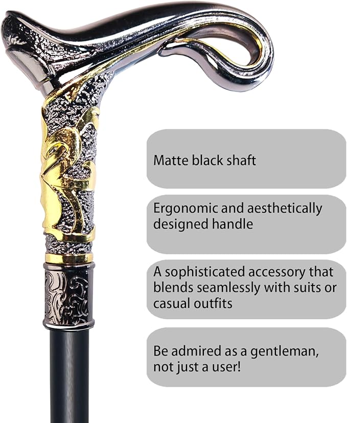 Walking Cane for Men & Women & Seniors - 36.5 Inch Heavy Duty 500+ lbs Capacity, Ergonomic Handle, Decorative & Ornate Design, Gothic & Goth Elegant Matte Black & Gold Artistry, Metal Cane