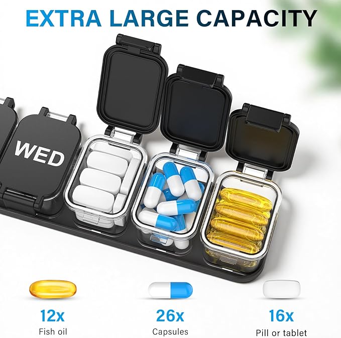 Extra Large Weekly Pill Organizer 7 Day - Portable Daily Pill Box with 7 Detachable Compartments, Vitamin Holder and Medicine Organizer for Supplements, Home and Travel, Black