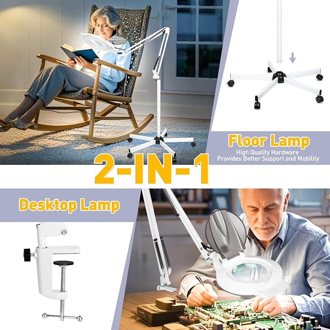 2200 Lumens Mag Lamp for Estheticians, 2-in-1 Magnifier Floor Light | 144 LED Stepless Dimmable, 10X Real Glass, 4 Wheel Rolling Stand Mag Lamp for Estheticians Facial Tattoo Craft Reading