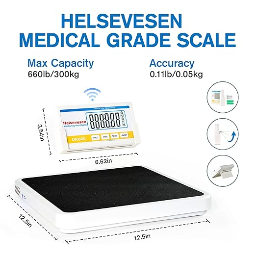 Helsevesen Professional Medical Bariatric Scale, 660 lb/300 kg Capacity, Wireless Digital Bathroom Scales, Low-Profile Heavy Duty Bariatric Scale with Anti-Slip Rubber Mat (DR660WL)