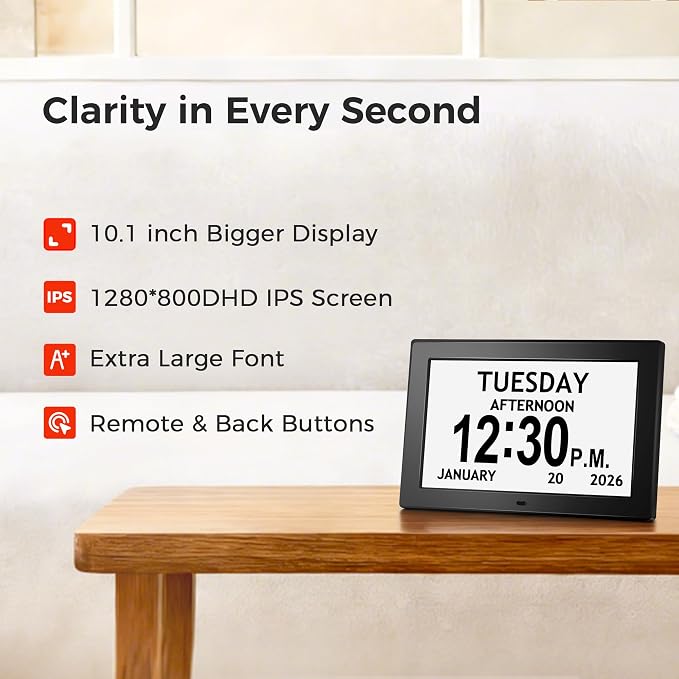 10.1'' Digital Clock With Date And Time, Large Display Clocks for Seniors | 1280*800P HD, Easy to See Date Time Day of Week, Reminders & Alarms, Auto DST, Gifts for Alzheimer Dementia Elderly, Black