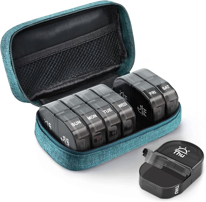 AUVON Canvas Bag Travel Pill Organizer 2 Times a Day, Large AM/PM Weekly Pill Box 7 Day Pill Case with Portable Cyan Zipper Cloth Bag for Holding Supplements, Vitamins and Fish Oils