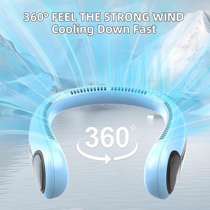 Portable Neck Fan, Personal Wearable Bladeless Fan, 6000mAh USB Rechargeable, 360° Airflow, LED Display, 4-Speeds, Hands Free Fan for Outdoor Indoor, Birthday Gifts for Men Women Dad Mom (Light blue)