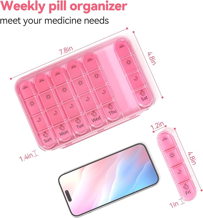 Zoksi Pill Organizer 4 Times a Day, BPA Free Weekly Travel Pill Box，Daily Pill Case with 28 Compartments to Hold Medicine, Vitamin and Supplement(Pink)