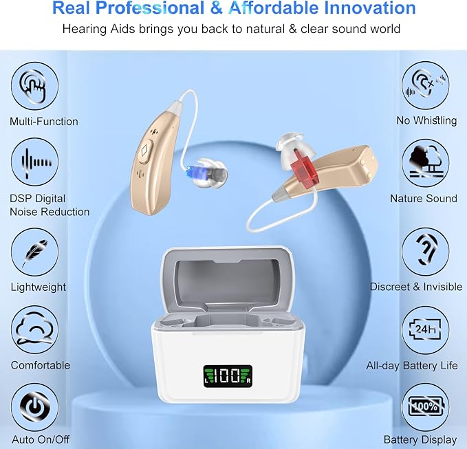 Rechargeable Hearing Aids, 16-Channel Digital OTC Hearing Aid for Seniors with Noise Cancelling and Volume Control, Amplifier for Adults Mild to Moderate Hear Loss, Portable Behind-the-Ear Aid