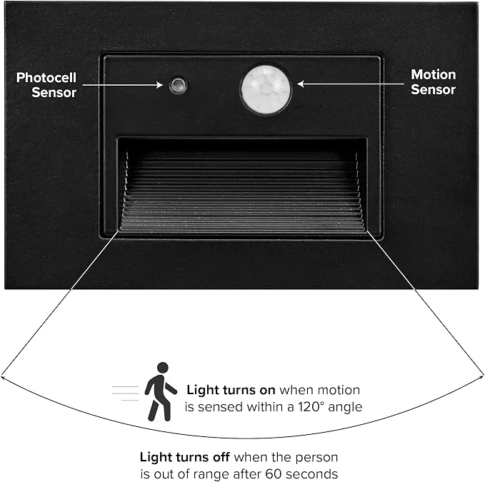 Maxxima Horizontal LED Motion Sensor Step Light, 3CCT 80 Lumens, Black 2Pk | Indoor/Outdoor Stair Light, 3Color Selectable 3000K, 4000K, 5000K, IP65 Rated, Modern Deck Stair Light