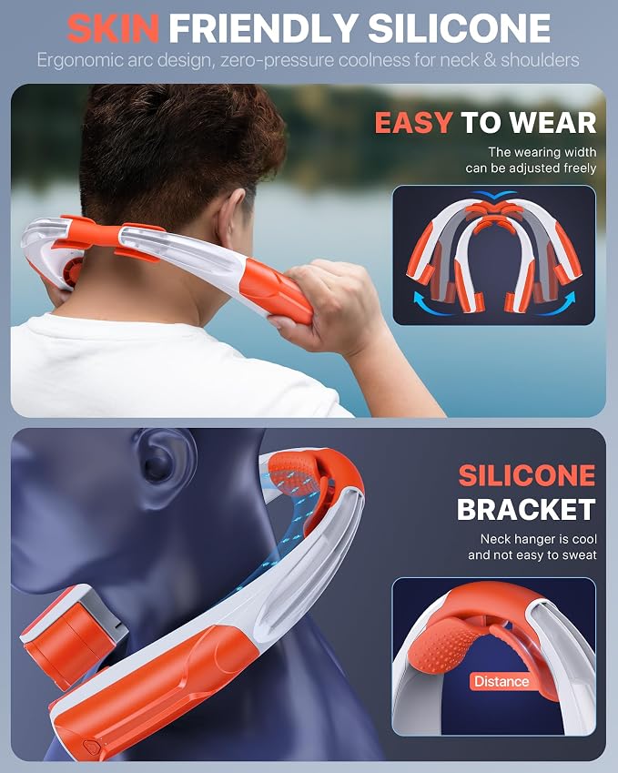 AaoLin Portable Neck Fan with 6000mAh Battery, USB-C Rechargeable, Orange Hands-Free Personal Fan 6 Speeds, 6-20Hrs Cooling for Outdoor Sports/Gym/Office, Adjustable 11oz Lightweight, Neck Cooler
