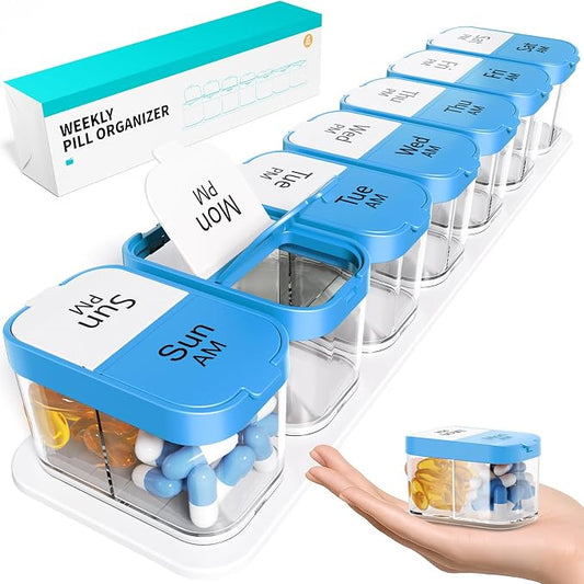 Odaro Extra Large Weekly Pill Organizer, XL Pill Box 7 Day Am Pm, Jumbo Medicine Organizer 2 Times A Day to Hold Daily Medicine Vitamin and Supplements - Blue