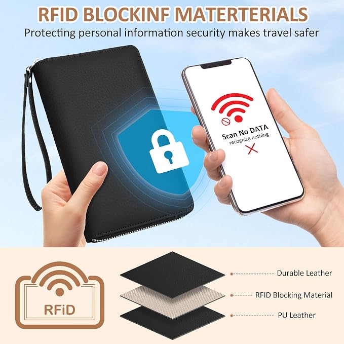 RFID Passport Holder for Travel Family with Coin Pocket, Black | Leather Passport Cover for 2, Travel Document Organizer with Wrist Strap & 24 Card Slots, for Women Men