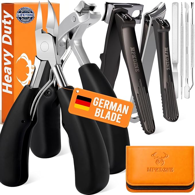 Heavy Duty Toenail Clippers for Thick Ingrown Nails Fingernail Set | Ultra Sharp All-IN-ONE Kit: 15% Thicker Premium Sturdy Podiatrist Toe Nail Care Tools. Perfect Grooming Gifts with Case