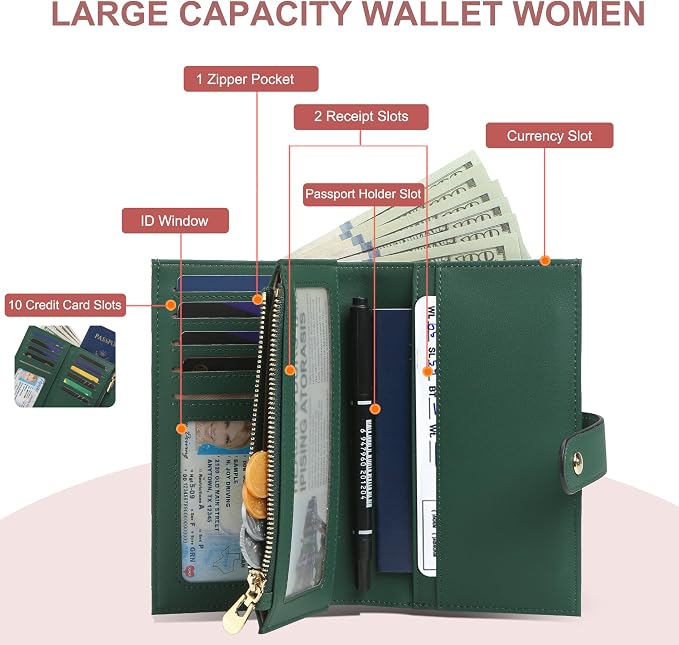 yiijay Womens Wallet RFID Blocking Vegan Leather Trifold Clutch Credit Card Holder Ladies Travel Wallet Purse with Pen Holder