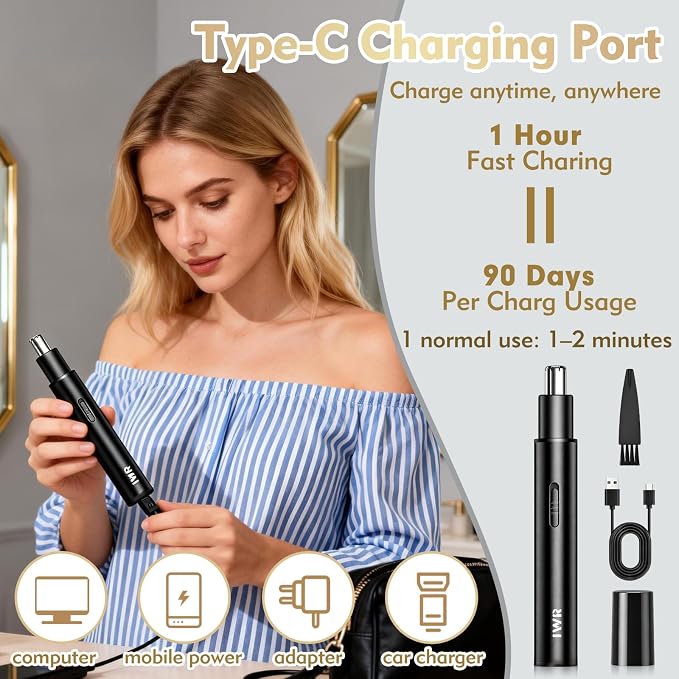 IWR Nose Hair Trimmer, Rechargeable Nose Hair Trimmer for Men Women with Cleaning Brush, Easy to Clean, Multifunctional Nose and Ear Hair Trimmer Improved Stainless Steel Replaceable Blade(Black)