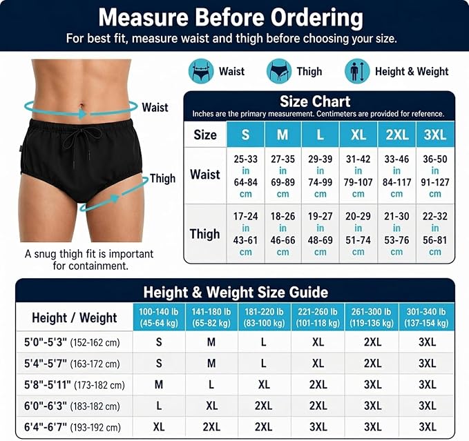 AQX Reusable Adult Swim Diapers Special Needs, Incontinence Swimwear 2XL | Waterproof Adult Swimming Diapers Cover Leakproof, Washable Swimmers Plastic Pants for Incontinence Protection, Pool or Beach