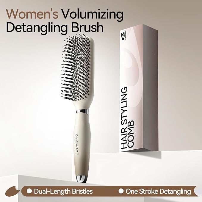 Detangling & Styling Hair Brush for Women Men, Wet& Dry Detangler Hairbrush | Dual-Length Nylon Bristles for Straight to Curly Hair Types, Eliminates Knots & Reduces Breakage, Cream Gradient
