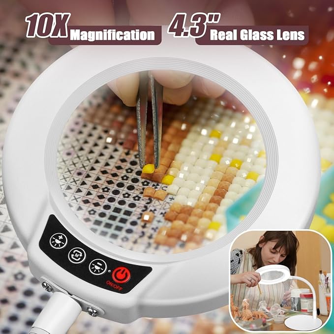 10X Magnifying Glass with Light and Stand, 5 Color Modes Stepless Dimmable LED Lighted Desk Lamp, Hands Free Flexible Gooseneck Magnifier with Light for Craft Hobby Painting Close Work - White