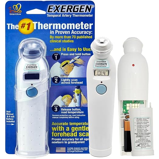 Exergen TAT-2000C Temporal Artery Forehead Thermometer for Baby Kids Adults | Displays Temperature Reading, Soft Glow, Silent Mode, Wipe Clean Sensor, 8 Reading Memory, 9V Battery Included for Family Use