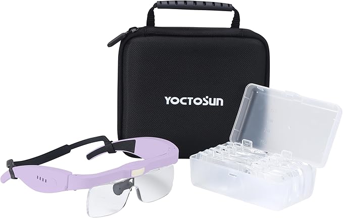 YOCTOSUN Headset Magnifier Glass with 3 LED Lights, Storage Case, Head Strap and 5 Detachable Lenses 0.75X,1.25X,2.0X,3.0X 4.0X, Magnifying Glasses for Close Work, Jewelry, Hobby, Crafts