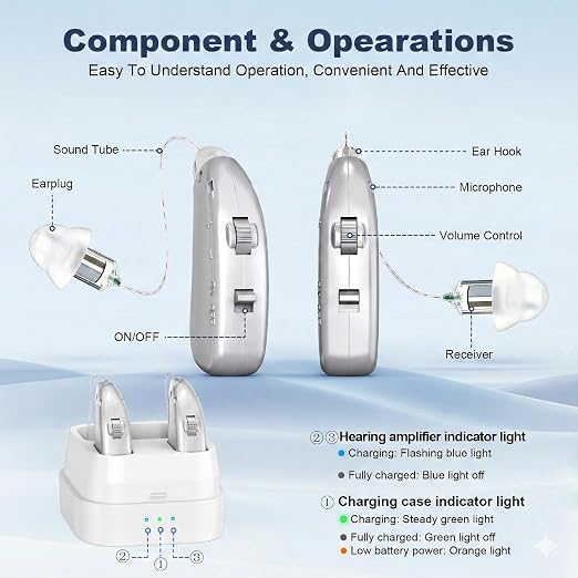 Hearing Aids for Seniors & Adults，Advanced Multi Channel Digital BTE Hearing Assist，AI Powered Speech Enhancement and Tinnitus Masking, Rechargeable 25 Hour Battery Life Adjustable Volume Control
