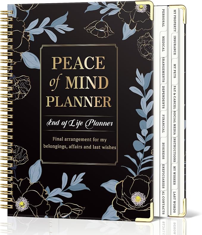 Peace of Mind Planner, Spiral End of Life Planner with Tabs for Senior, Guided Estate Planning Organizer for Final Arrangements & Important Affairs, 7.9"x10.6", Black