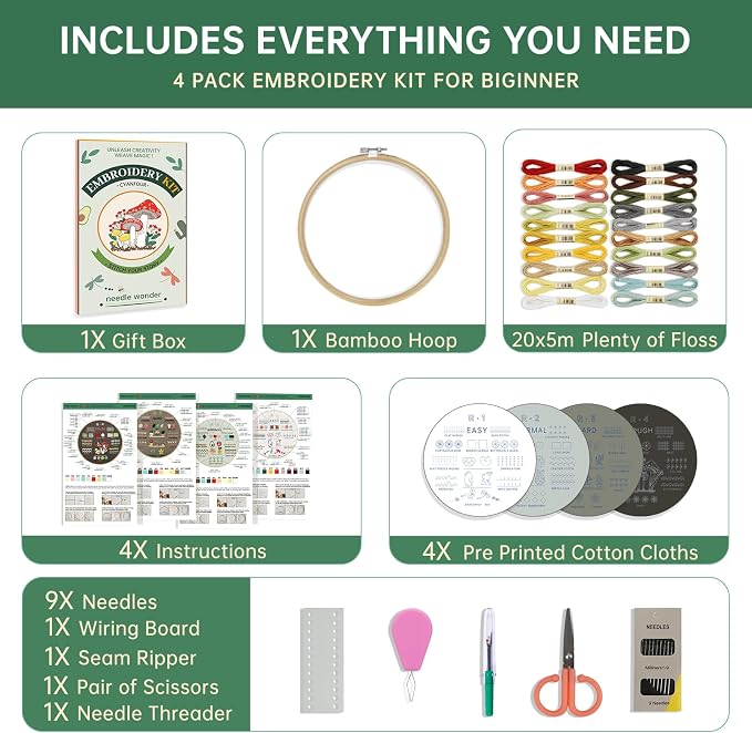 CYANFOUR Embroidery Kit for Beginners, 4 Stages to Learn 38 Stitches, with Step-By-Step Instructions and Clear Videos, Includes Multiple Accessories, Gift for Craft Lovers
