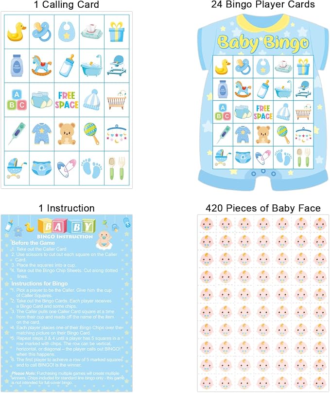 Baby Shower Bingo Cards - 24 Guests Blue Newborn Bingo for Baby Shower Party Supplies