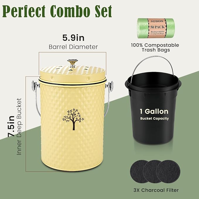 Countertop Kitchen Odorless Compost Bin with Removable Inner Bucket | 1 Gallon Composter Container,Includes 50 Compost Bags,2 Carbon Filters,Compost Bucket, ideal for food scraps,coffee grounds