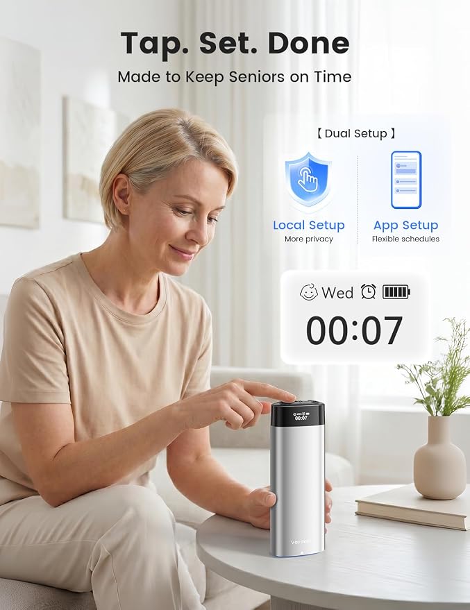 Vaydeer Smart Pill Organizer with Alarm, Metal 7-Day 2 Times a Day Pill Box | No App Required, Optional Bluetooth App, Built-in Desiccant, 7 Alarms, 3 Volume Levels, Airtight Automatic Pill Dispenser