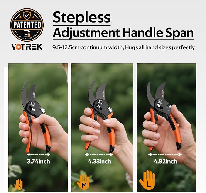 VOTREK® Pruning Shears, [Patented Stepless Handle Opening] - Garden Clippers with Ultra-Sharp SK5 Steel for Weak Hand, Pruners Universal Fit for All Hand Sizes, Effortlessly Cuts 1-Inch Branches