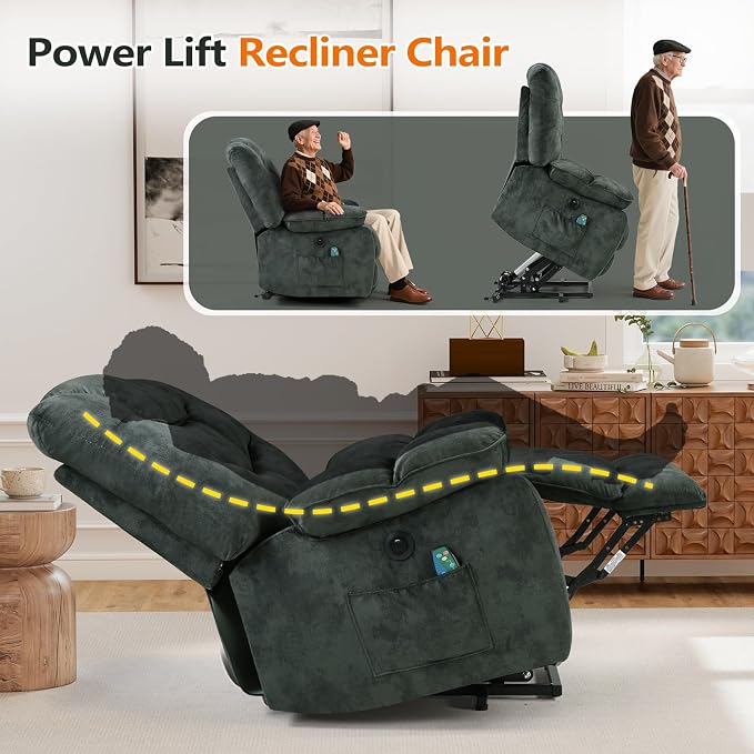 HAOMARKETS Oversized Power Lift Recliner with Massage and Heat for Elderly, Electric Lifting Reclining Chair with Side Pockets and USB Port for Living Room, Dark Green