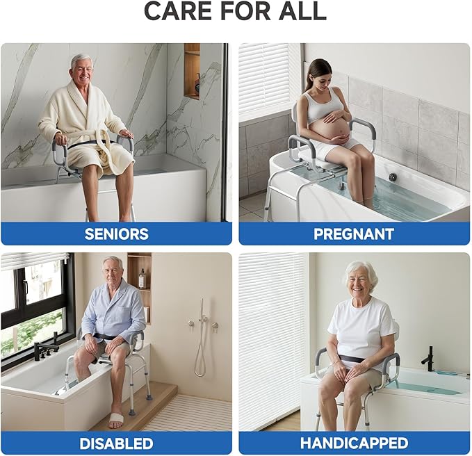 Sliding Shower Chair Tub Transfer Bench with Swivel Seat, Padded Armrest and Backrest, Height Adjustable for Bathtubs, Inside Shower, for Handicap & Seniors，350 Lbs