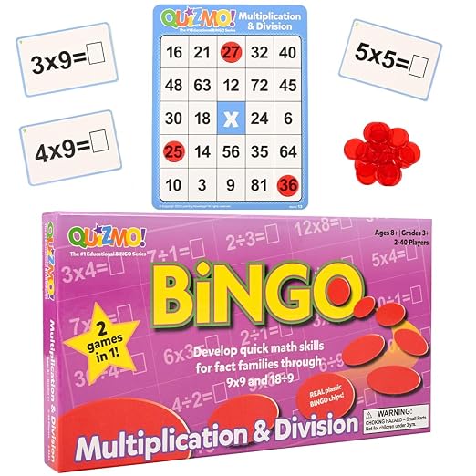 LEARNING ADVANTAGE QUIZMO Multiplication & Division, Bingo Style Math Game | 2 Game Modes for Ages 8+, Teach Basic Mathematics