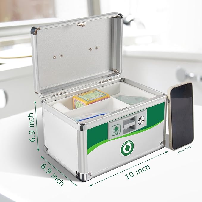 Medicine Lock Box with Keys, Medication Storage Lock Box, (Size-Small 10 * 6.9 * 6.9inch) First Aid Safe Layered Aluminum Daily Medicine Lockable Box with Key