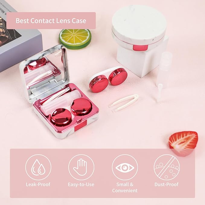 2 Pack Contact Lens Case, Portable Eye Contacts Colored Lenses Applicator Remover Tool Kit with Mirror Solution Bottle for Daily Makeup Office Travel Outdoor (Rose Pink Marble)