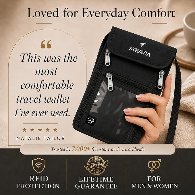 Voyager Neck Wallet RFID Blocking Passport Holder, Light 6-Compartment Hidden Travel Pouch with Adjustable Strap, Water-Resistant Wallet for Cash, Cards & ID (Black, Pro (8" x 5.5"))