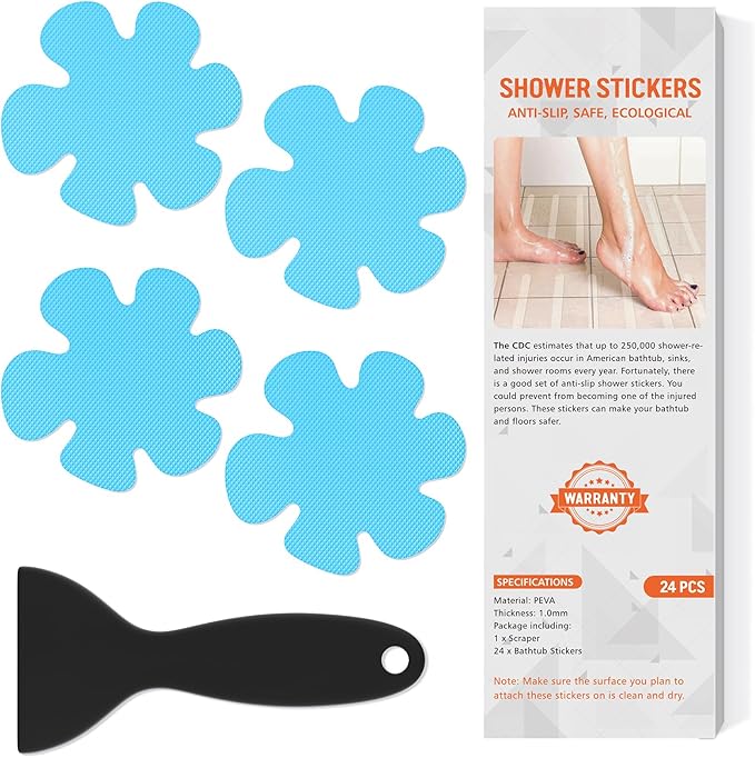 24 PCS Non Slip Bathtub and Shower Safety Stickers, Anti-Slip Stickers and Adhesive Decals Scraper for Bath Tib, Shower Floor, Stairs, Ladders - Flower Shape, Blue