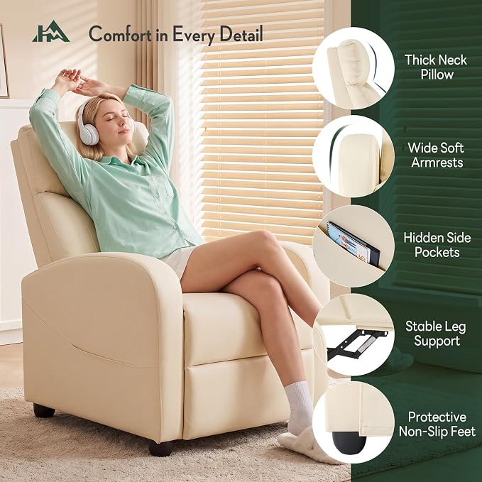 Recliner Chair, Recliner Sofa Fabric for Adults, Recliners Home Theater Seating with Lumbar Support, Reclining Sofa Chair for Living Room, Beige
