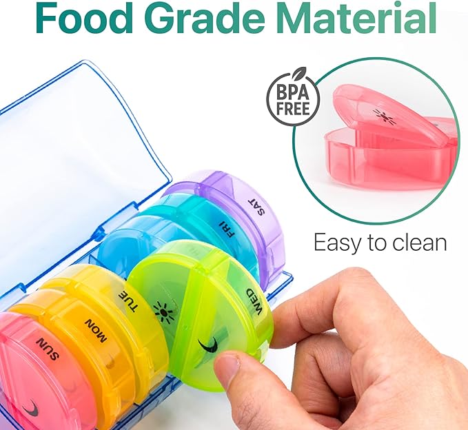 Sukuos Large Weekly Pill Organizer 2 Times a Day, Daily Pill Box 7 Day Easy to Open with Double Protection, AM PM Pill Case for Medicine/Vitamin/Fish Oil/Supplements (Blue)