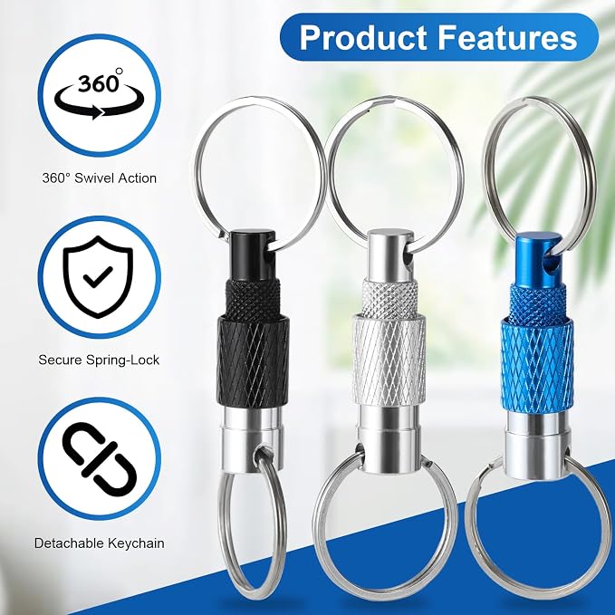 Quick Release Keychain, 3-Pack, Detachable, Split Rings | Minimalist Pull-Apart Key Ring for Car Keys, Purse & Bag (3 Colors)