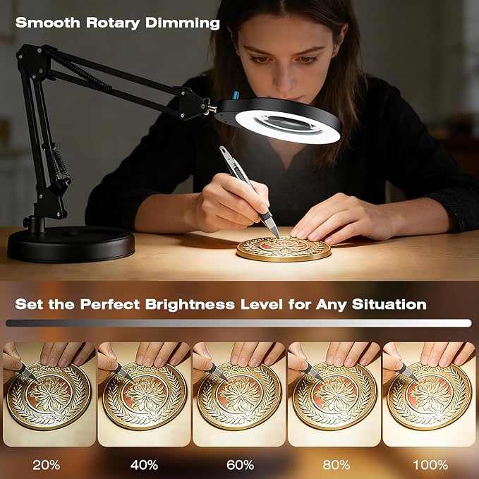 10X Magnifying Glass with Light and Stand, 5 Color Modes Stepless Dimmable LED Magnifier, Hands Free Desk Lamp with Clamp for Close Work Craft Reading Repair