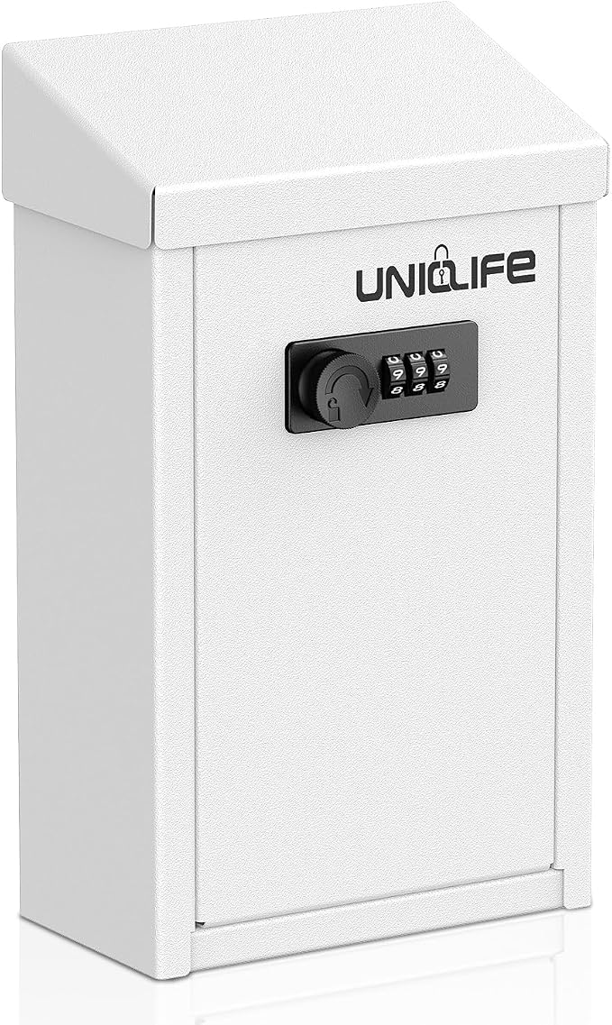 Uniclife Cash Box with Combination Lock, Wall Mounted Mailbox for Outside | White Code Lock Box, Metal Donation Box with Top Slot, Suggestion Box for Office and Business