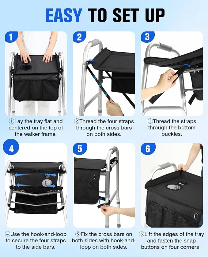 Rhino Valley Walker Tray for Folding Walker,Tray for Walker with Cup Holder | Sturdy & Non-Slip Tray for Walkers,Fits Standard Walkers,Removable&Easy Assembly, Mobility Accessory for Seniors Meals Drinks