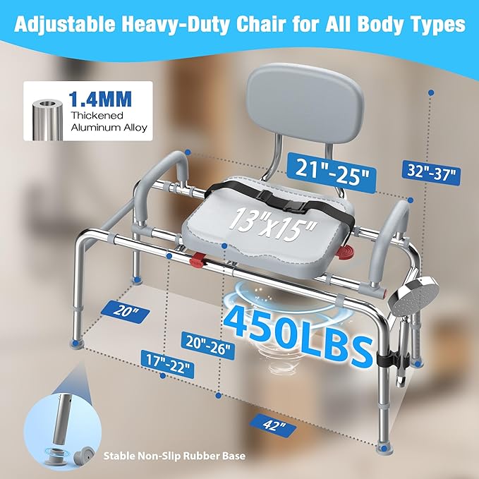 Sliding Shower Chair Tub Transfer Bench with 360°Swivel Seat,Anti-Slip Design,with Security Belt for Elderly and Disabled,Adjustable Height with one Touch Slide Button,Gray
