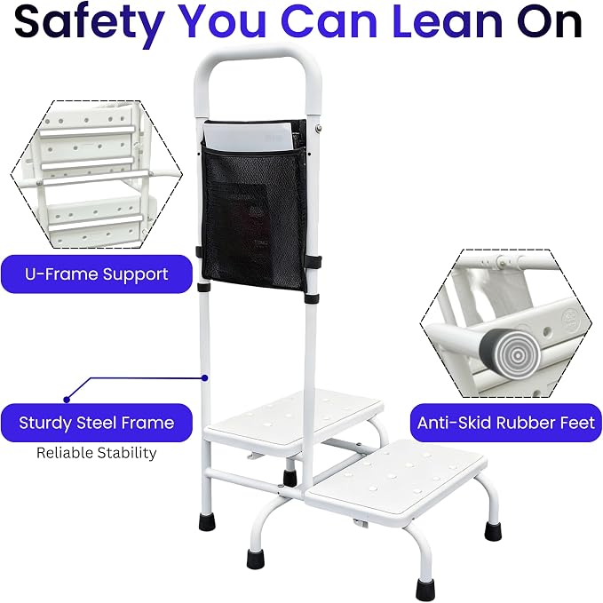 Two Step Stool with Handle for Elderly, 350 lbs Capacity, Heavy Duty Rv Steps with handrail Bed Step for High Beds, Adjustable 5-Level Handrail, for Grandpa