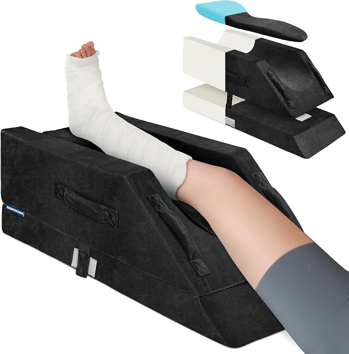 KingPavonini 4-Height Adjustable Leg Elevation Pillows for After Surgery with Ergonomic Curve, Memory Foam Wedge Pillow for Legs Swelling, Blood Circulation and Pain Relief, Black (Single Leg)