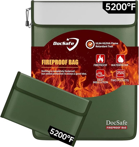 DocSafe Fireproof Document Bag (5200℉) with Fireproof Organizer Travel Case,Heat Insulated Fire＆Water Resistant 8 Layers Safe Money Bag Storage for Important Documents,Cash,Power Bank,Valuables,Green