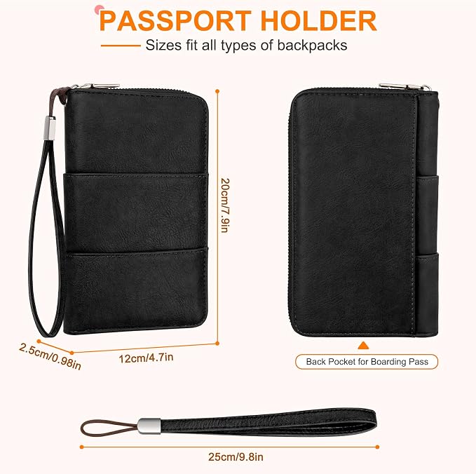RFID Family Passport Holder Wallet - Travel Document Organizer | PU Leather, with Wristlet, Zipper, Cards, Boarding Pass, ID, Cash, Ticket Pockets,Travel Essentials Gifts for Women Men