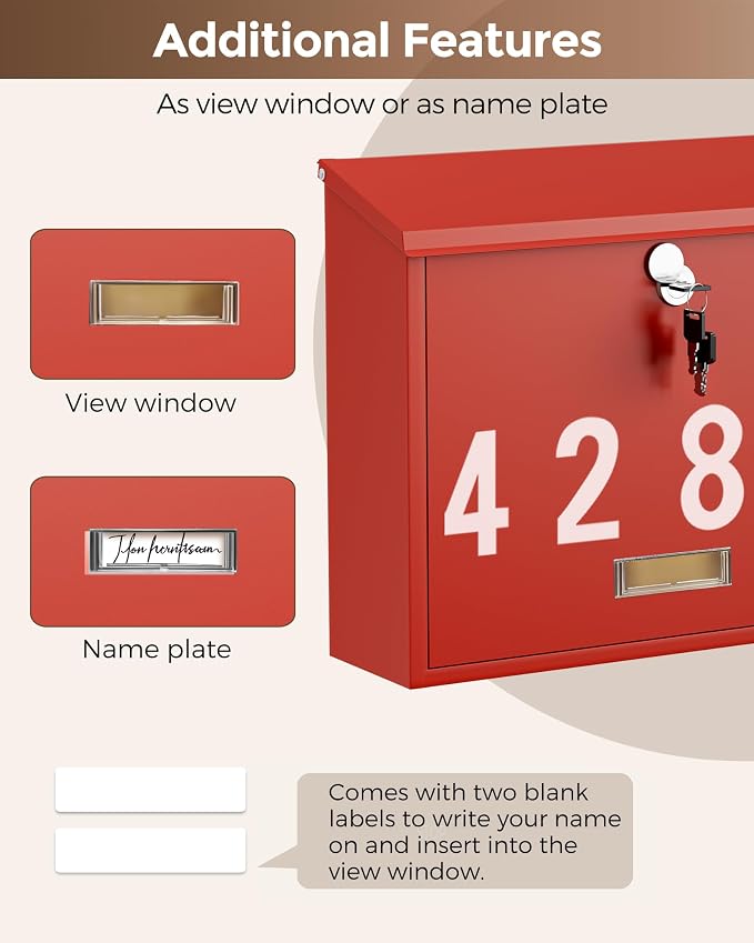 LAND·VOI Locking Wall-Mount Mailbox for Outside, with 4 Keys, Galvanized Steel Rustproof Metal Postbox, 4" Dx13.8 Wx11.2 H, Includes 3 Sets of Mailbox Numbers, Nameplate, Red