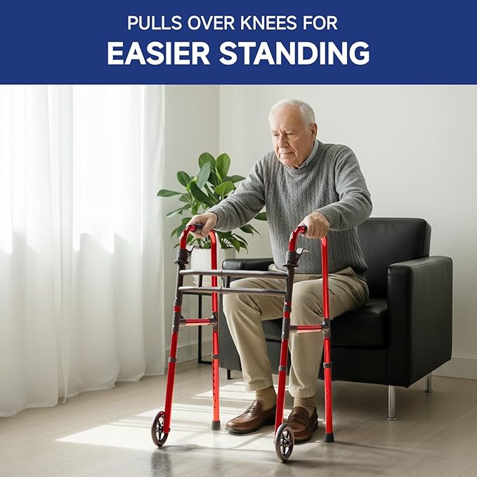 Walkers for Seniors Foldable, Aluminum Lightweight Walker with Wheels, Adjustable Height & Width Standard Walkers for Elderly & Disabled, 350 lbs Capacity, Red
